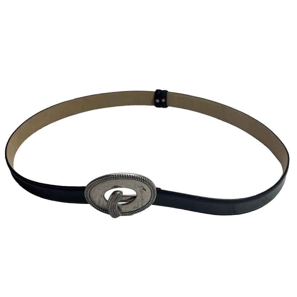 Silver Metal Anchor Fastener Black Leather Lined Belt 40" Long
